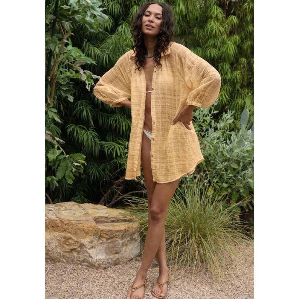 HONORINE Wren Gauzy Cotton Cover Up Dress Light Yellow Size Small